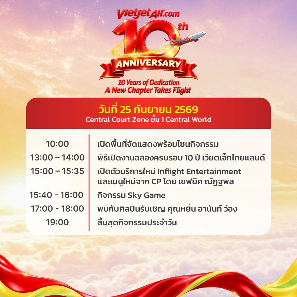 theoneyin's tweet photo. 🎉 Vietjet Thailand 10th Anniversary ✈️

เตรียมพบกับ แขกรับเชิญสุดพิเศษตลอด 3 วัน ที่จะมาร่วมสร้างความสนุกและโมเมนต์สุดประทับใจ

✨ 25 กันยายน 2569
พบกับ หยิ่น อานันท์ ว่อง

💫 นักแสดงหนุ่มสุดฮอต ที่จะมาร่วมเติมสีสันให้กับวันแรกของการเฉลิมฉลอง
🕔 เวลา 17:00–18:00 น.

แล้วมาร่วมฉลอง 10 ปีแห่งการเดินทาง ไปพร้อมกับ Vietjet Thailand ✈️🎉

📍 Central Court Zone ชั้น 1 CentralWorld
🕙 เวลา 10:00–19:00 น.

#เวียตเจ็ทตัวจริงสุวรรณภูมิ #Vietjet10thAnniversary #VietjetThailand #Vietjet10thannixYin 

#yinyin_anw @yinyin_anw #หยิ่นวอร์
