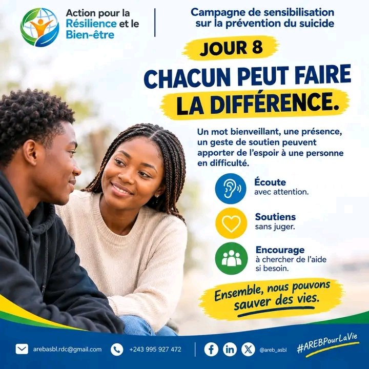 MukilaJeff3's tweet photo. Un geste simple peut apporter du soutien
#10JoursPourLaPréventionduSuicide #AREB #SeptembreJaune #PréventionDuSuicide #SantéMentale
@Bureau régional de l'OMS pour l'Afrique - AFRO , @Organisation mondiale de la Santé en RDC , @Panzi Foundation DRC , @UNICEF en RDC https://t.co/ReZW063a3f