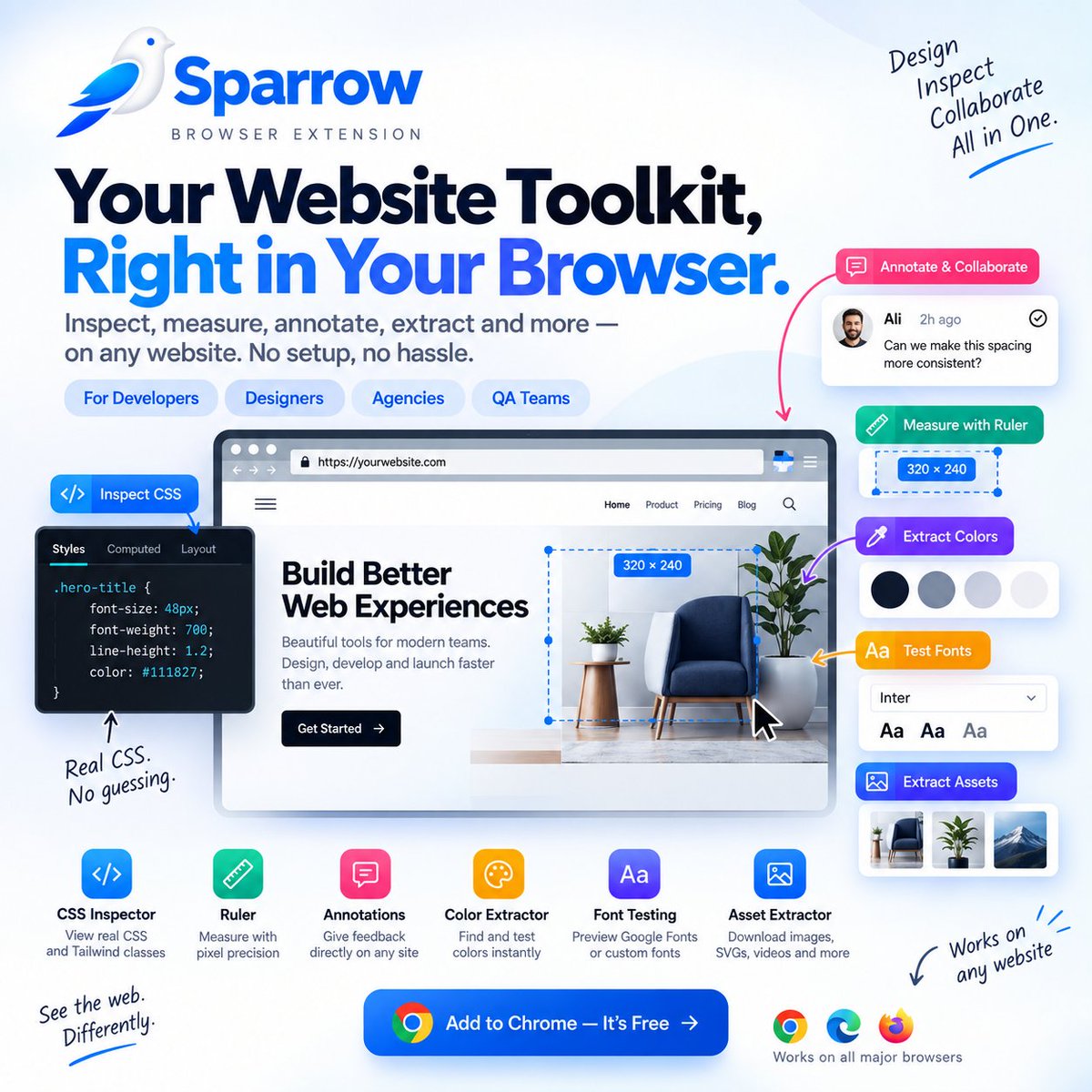 aliasgerdesign's tweet photo. Built for people who build for the web.🐦

Meet Sparrow — inspect CSS, measure, annotate, test fonts &amp; colors, extract assets, and more — all in one browser extension.

Try it free → https://t.co/zDPTpzYuQS

#WebDev #CSS #Frontend #UIDesign #DevTools https://t.co/uxgyGm03Rf