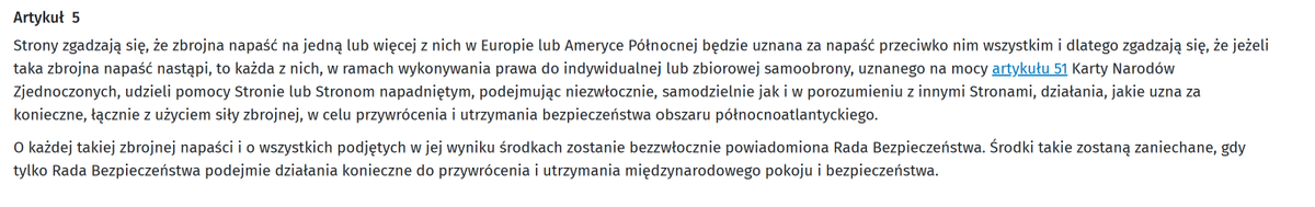 A_Swidzinski's tweet photo. "Działania, jakie uzna za konieczne, ŁĄCZNIE z użyciem siły zbrojnej".

JAKIE UZNA ZA KONIECZNE.

ŁĄCZNIE.

To my nie rozumiemy istoty NATO.

To sojusz o bezpieczeństwie zbiorowym stworzony jako narzędzie powstrzymywania Sowietów za zimnej wojny.

A nie magiczny krąg przyjaciół.
