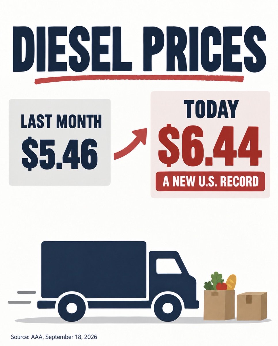 KenRomeroCruz's tweet photo. Record high⛽️📈

When the cost of transporting groceries and consumer goods rises, families directly feel it in the prices they pay for everyday necessities.

Record-high diesel will make life even more expensive for American households and hit Hispanic families especially hard. https://t.co/0mtcSYy1OS