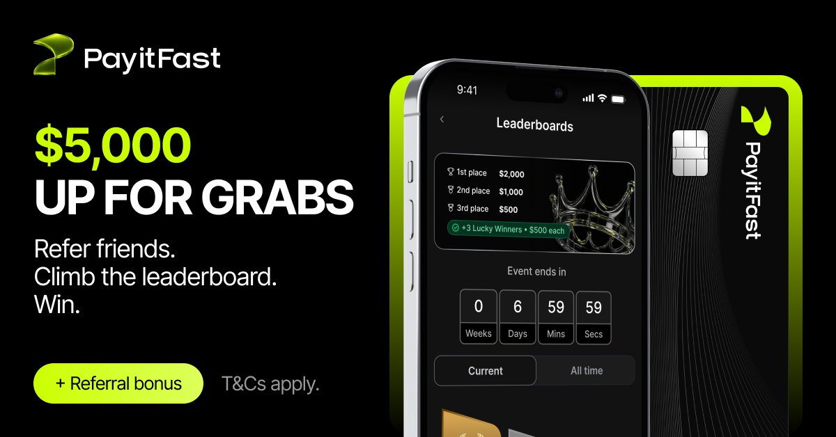 PayitFast's tweet photo. ⏰ 24 hours left  

Refer your friends, climb the PayitFast Leaderboard, and compete for cash rewards.

🥇 1st: $2,000 
🥈 2nd: $1,000 
🥉 3rd: $500 
+3 lucky winners get $500 each  

The more you refer, the higher you climb.

T&amp;Cs apply. https://t.co/wb4Vk4BUc3