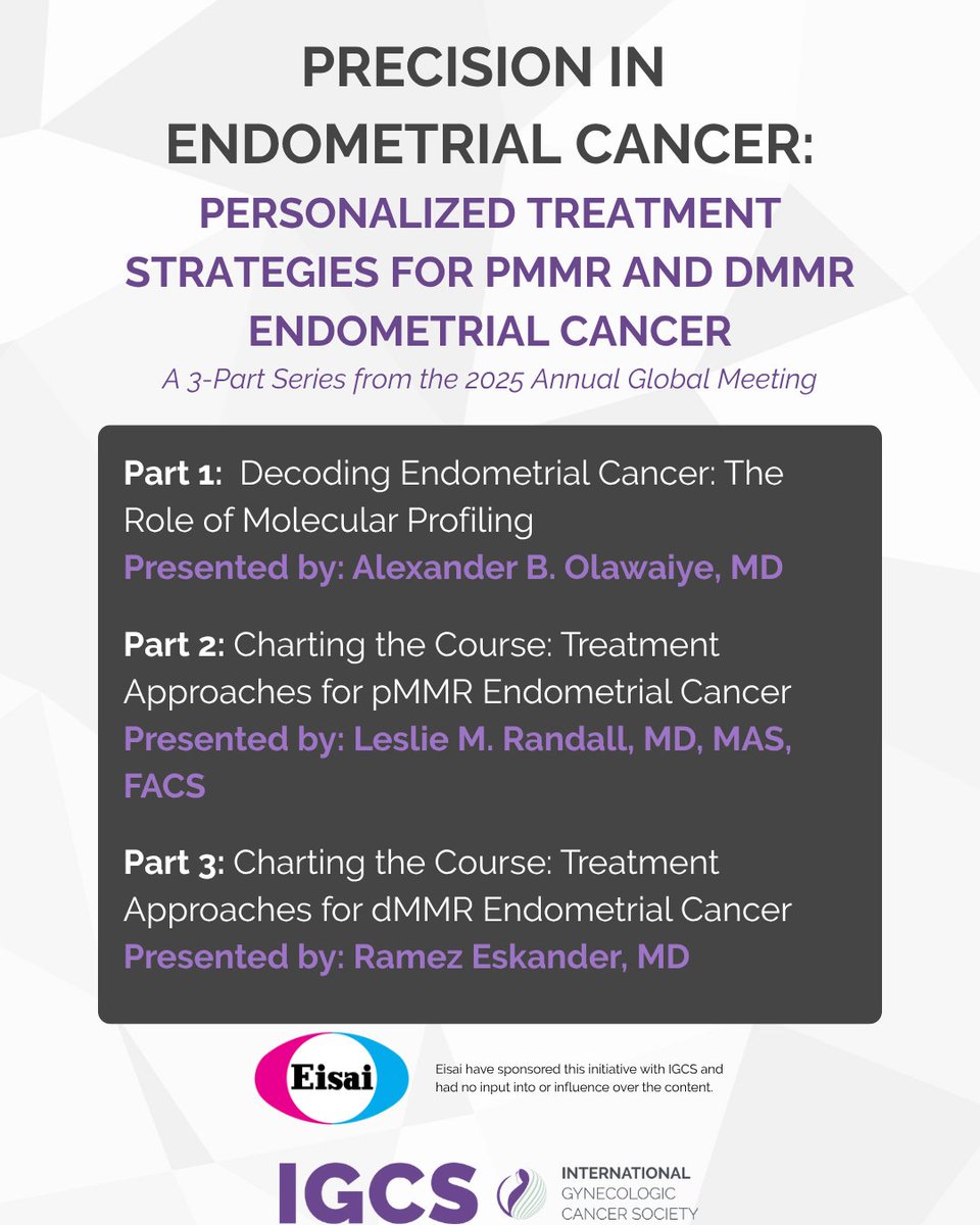 IGCSociety's tweet photo. 🎥 Now available: Precision in Endometrial Cancer: Personalized Treatment Strategies for pMMR and dMMR Endometrial Cancer

IGCS and Eisai invite you to view this Industry Supported Symposium from the #IGCS2025 Annual Global Meeting in Cape Town! This 3-part series dives into the evolving treatment landscape for endometrial cancer — from molecular profiling to treatment sequencing and forward-looking strategies to close data gaps.

🔬 Part 1: Decoding Endometrial Cancer: The Role of Molecular Profiling
— Alexander B. Olawaiye, MD

🎯 Part 2: Charting the Course: Treatment Approaches for pMMR Endometrial Cancer
— Leslie M. Randall, MD, MAS, FACS

🧬 Part 3: Charting the Course: Treatment Approaches for dMMR Endometrial Cancer
— Ramez Eskander, MD

Watch now 👉 https://t.co/TZNu5pLQLo