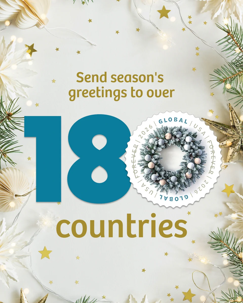 Christmas ornaments and garlands with the text “Send season’s greetings to over 180 countries” with the Winter Wreath stamp in the place of the zero of 180.
