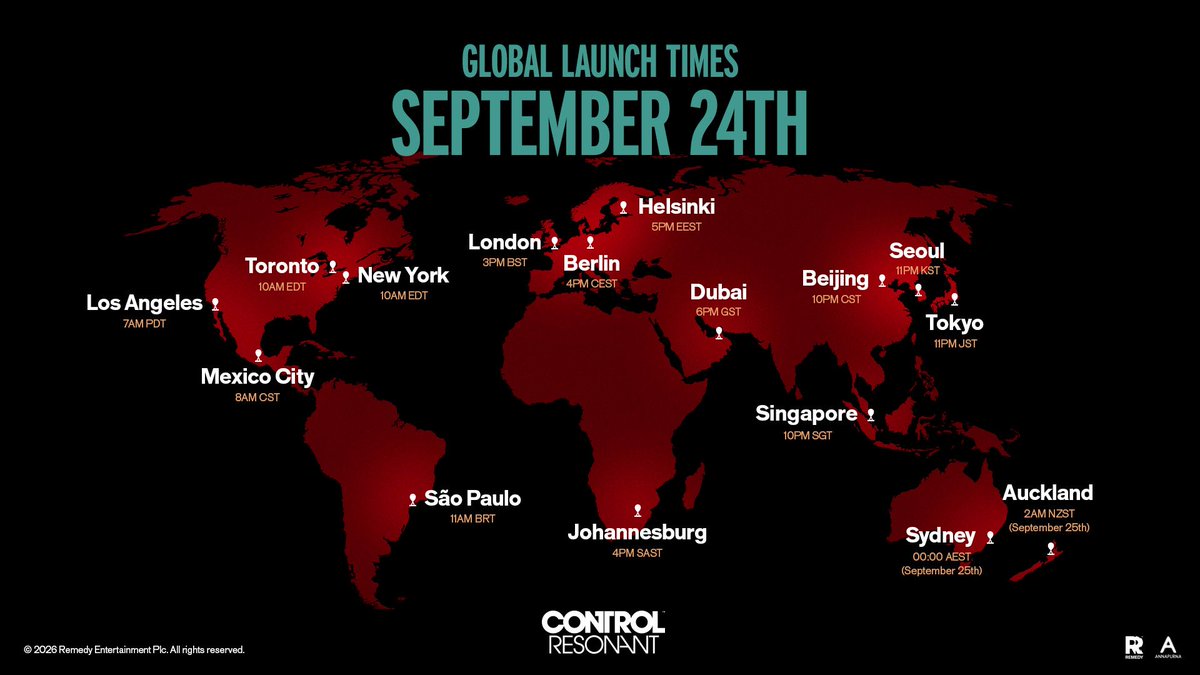 remedygames's tweet photo. The lockdown on the Oldest House is about to fall.

Study this map carefully to find out when CONTROL Resonant launches in your country on September 24th for PlayStation 5, Xbox Series X|S, and PC via Steam and Epic Games Store. Pre-order now!

#CONTROLResonant https://t.co/zBCjgcg2be
