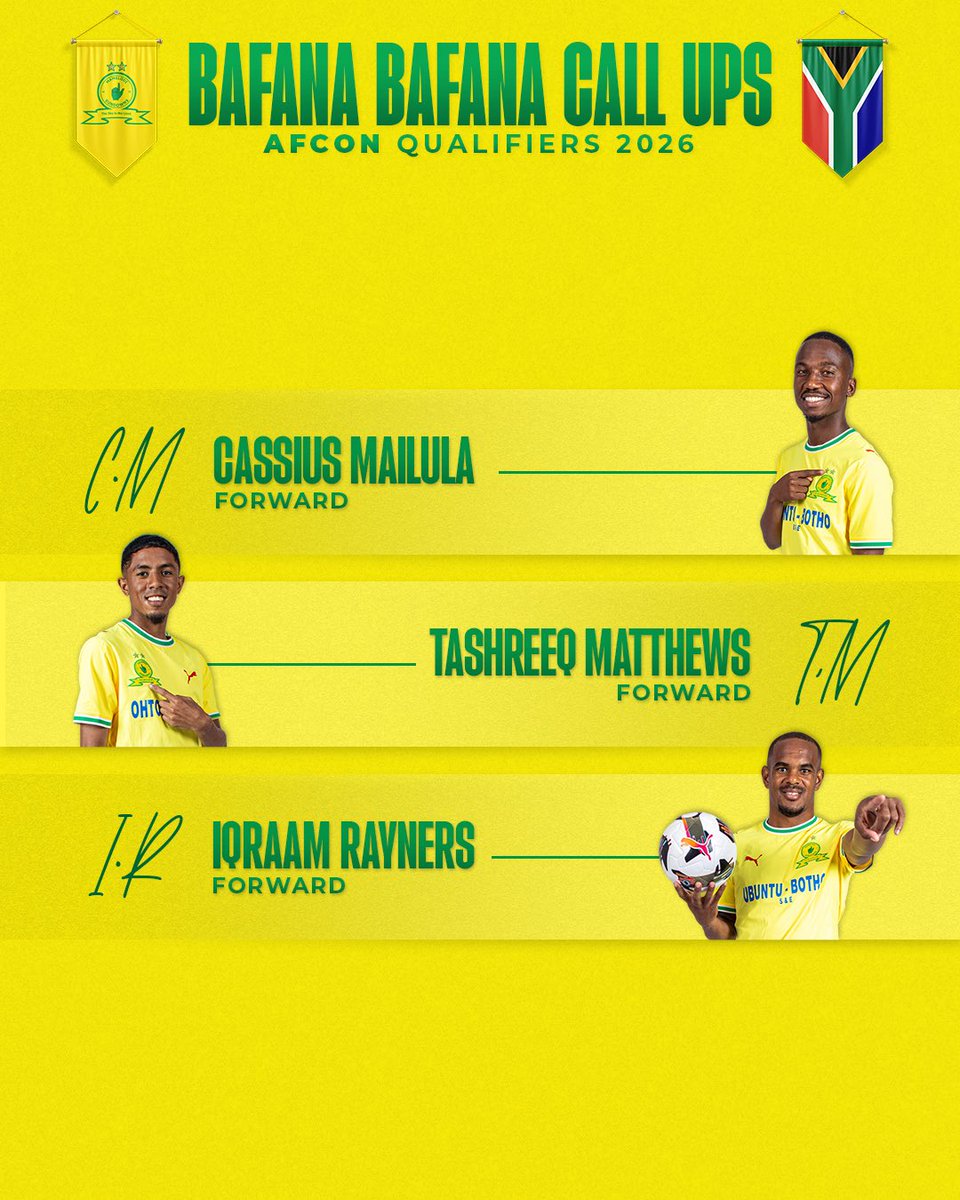 Masandawana's tweet photo. 1️⃣3️⃣ 𝙈𝘼𝙎𝘼𝙉𝘿𝘼𝙒𝘼𝙉𝘼 𝘾𝘼𝙇𝙇𝙀𝘿 𝙐𝙋 𝙁𝙊𝙍 𝙉𝘼𝙏𝙄𝙊𝙉𝘼𝙇 𝘿𝙐𝙏𝙔 👆 

Yellow Nation, join us in congratulating our players selected to represent Bafana Bafana in the upcoming AFCON Qualifiers against Eritrea and Guinea 🇿🇦👏

#Sundowns #NeverStopRising https://t.co/FN04AAX5ih