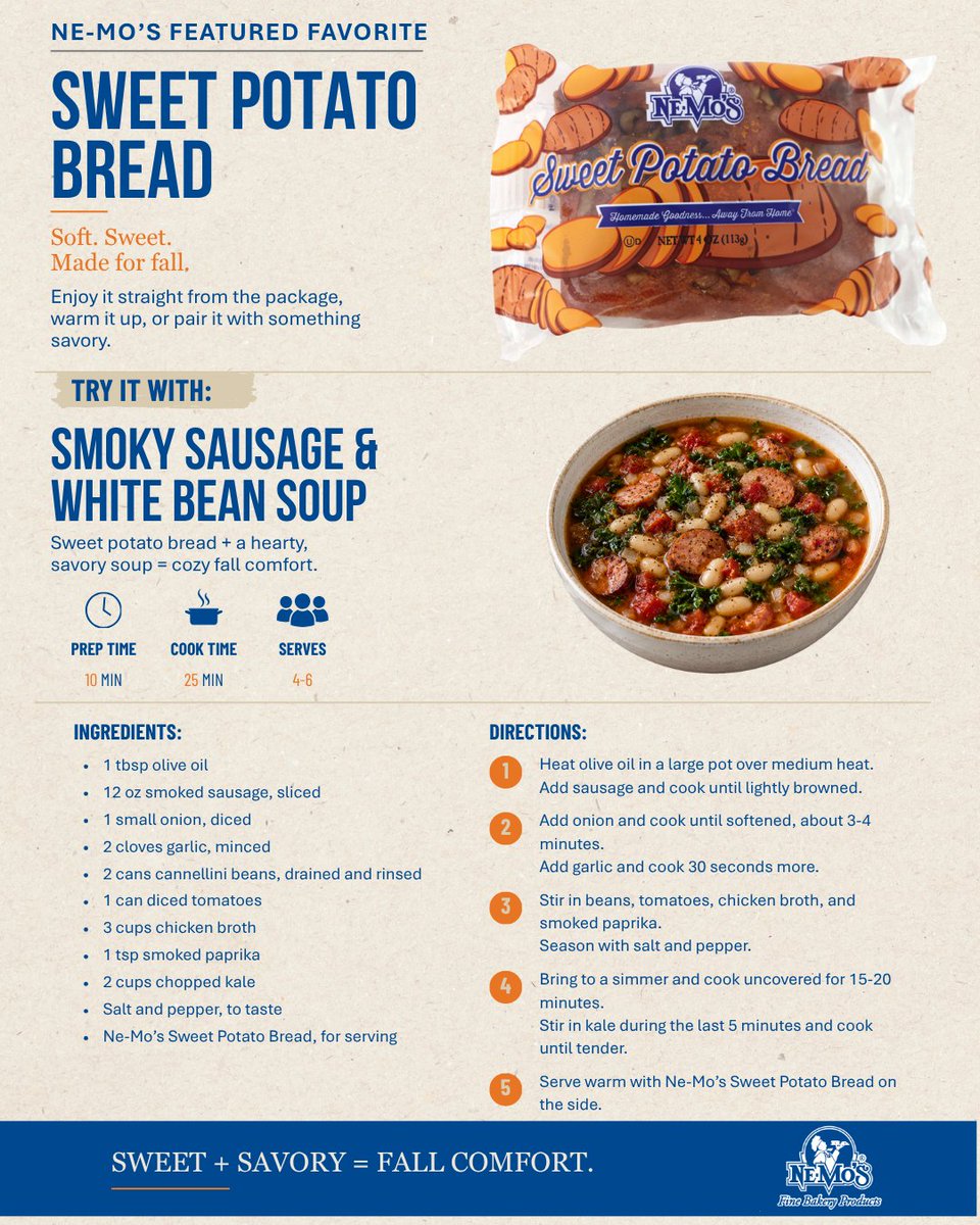 NeMosBakery's tweet photo. Soup season 🤝 Sweet Potato Bread season.

Smoky sausage + white bean soup with Ne-Mo’s Sweet Potato Bread on the side.

The bread is technically for serving. We consider it for dipping. 😏🥣

#NeMosBakery #SoupSeason https://t.co/OO9s8GFtWi