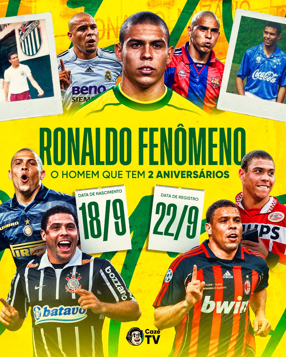 CazeTVOficial's tweet photo. 🇧🇷 50 ANOS DO FENÔMENO! O HOMEM QUE TEM DOIS ANIVERSÁRIOS! Ronaldo faz aniversário DUAS VEZES no ano. Sim, isso mesmo! Dia 18, que é a data de nascimento, e dia 22, quando foi registrado. 😂😂😂 https://t.co/SmDuNgqaq1