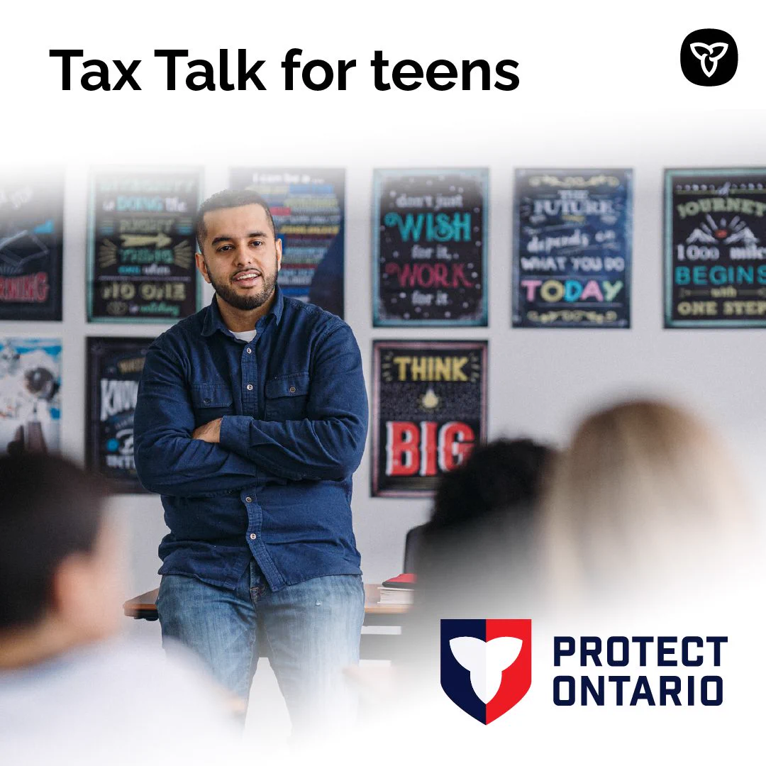 Photo of a teacher in a classroom.

Text: Tax Talk for teens
