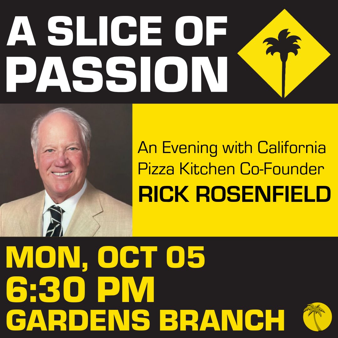 pbclibrary's tweet photo. Join us for an engaging interview with Rick Rosenfield, former Federal prosecutor &amp; co-founder of California Pizza Kitchen! Discover the story behind his success, with audience Q&amp;A. Sponsored by Friends of the Library. 

#pbclibrary https://t.co/F1GcSbEq1V