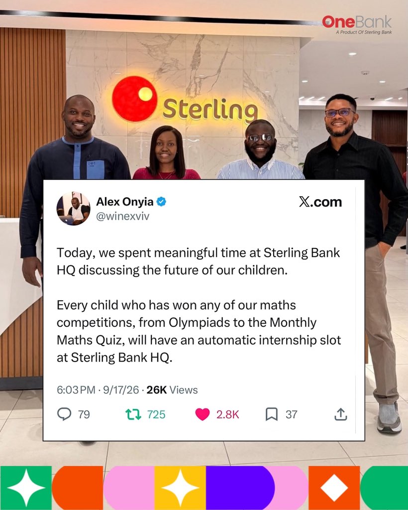 OneBankNG's tweet photo. The future is only as bright as we make it!🌟

And who better to invest in than the leaders of tomorrow?🥳

One child. One opportunity. One future at a time. 🤝🏾

To learn more about the Sterling Bank Online Maths Quiz:
Visit 👉🏾 https://t.co/I5eUIYlRvD

#OneBank #Finance https://t.co/cq6IkQwKcO