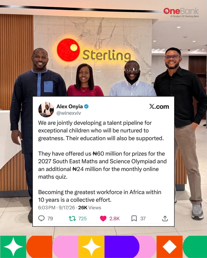 OneBankNG's tweet photo. The future is only as bright as we make it!🌟

And who better to invest in than the leaders of tomorrow?🥳

One child. One opportunity. One future at a time. 🤝🏾

To learn more about the Sterling Bank Online Maths Quiz:
Visit 👉🏾 https://t.co/I5eUIYlRvD

#OneBank #Finance https://t.co/cq6IkQwKcO