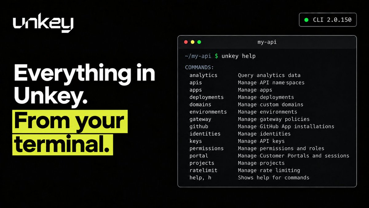 jamesperkins's tweet photo. We just shipped Unkey CLI 2.0.150.

Your agent can now manage deployments, API keys, domains, gateway policies, rate limits, and more.

From idea to production right from your terminal. https://t.co/0pcaIWhuLX