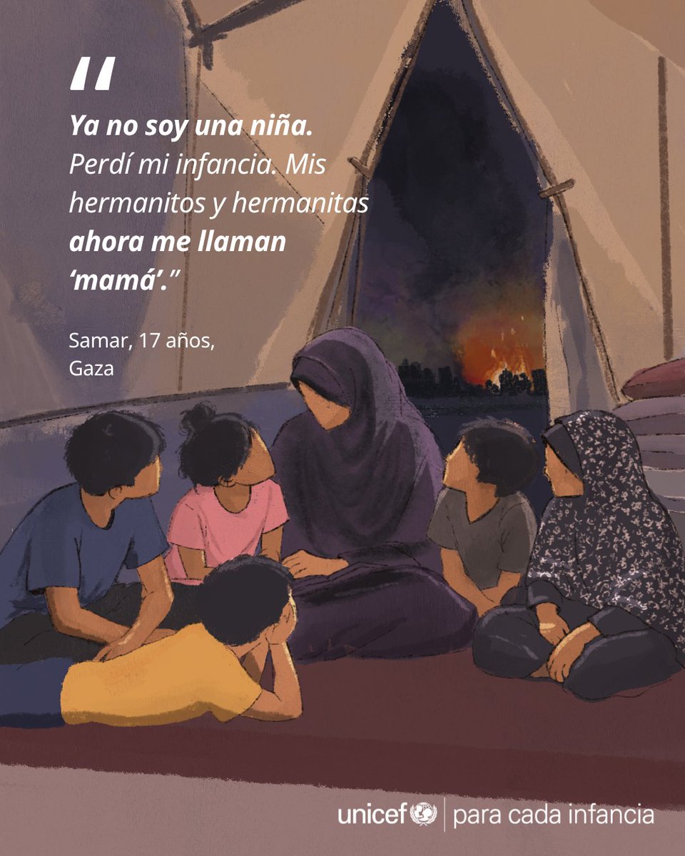unicefenespanol's tweet photo. Samar tenía solo 15 años cuando tuvo que hacerse cargo de sus cinco hermanos menores en Gaza, después de que su madre resultara herida en un ataque aéreo en 2023.

Los niños y niñas necesitan seguridad y protección, así como la oportunidad de vivir su infancia. https://t.co/uk6lPmD70f