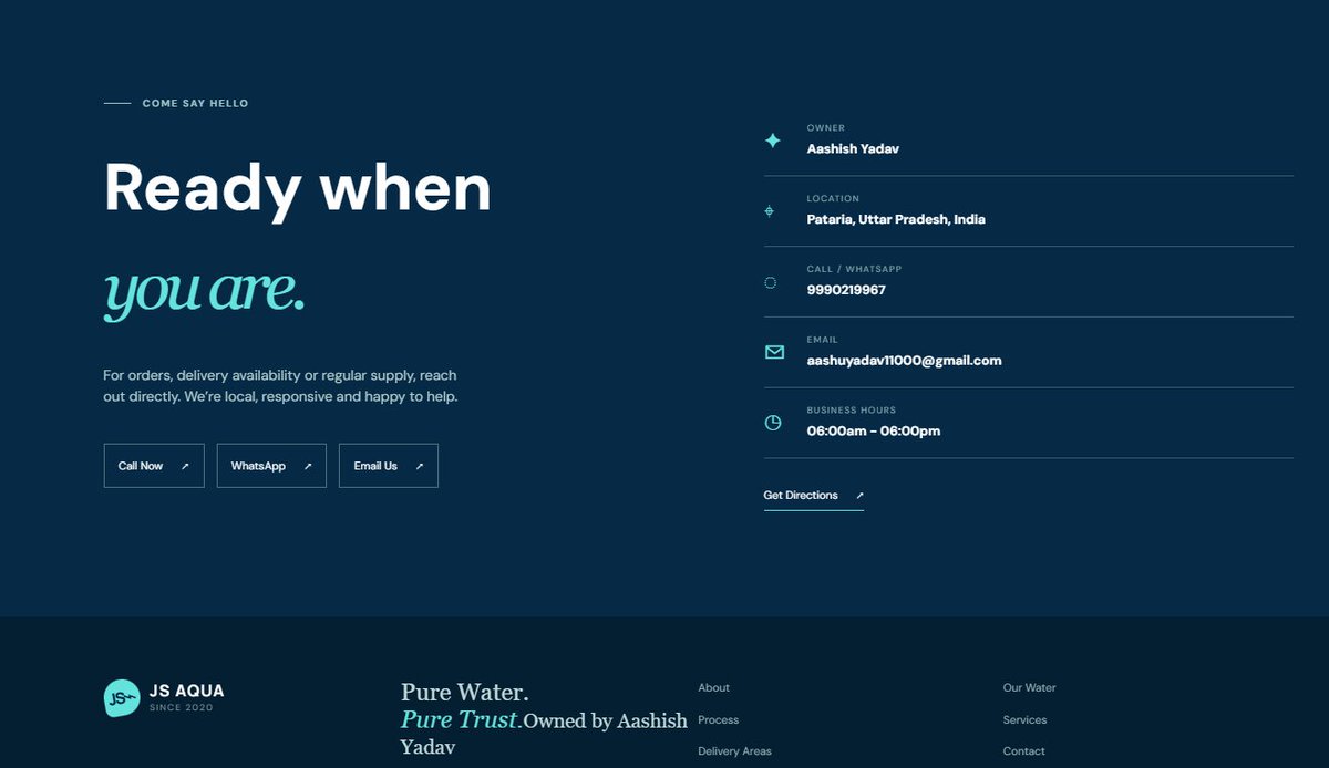aashuyadavvv's tweet photo. 🚀 Built &amp; deployed JS AQUA 💧

A premium website for a real local drinking-water business in Pataria, UP.

📲 WhatsApp Ordering
📱 Responsive UI
⚡ Modern UX

Tech: HTML • CSS • JS • React • Tailwind •
Vercel
🔗 https://t.co/TrJ8ViwVU7

#WebDevelopment #ReactJS #JavaScript https://t.co/QwkZPyRrHJ