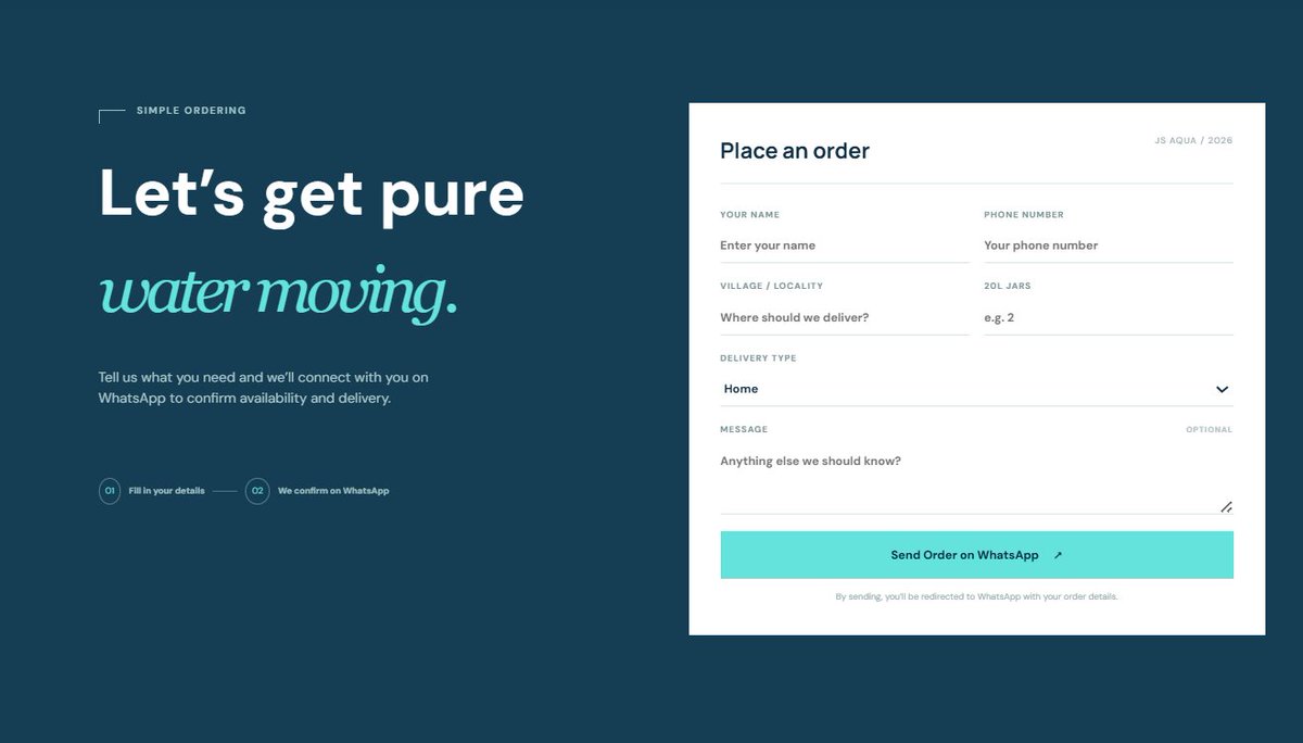 aashuyadavvv's tweet photo. 🚀 Built &amp; deployed JS AQUA 💧

A premium website for a real local drinking-water business in Pataria, UP.

📲 WhatsApp Ordering
📱 Responsive UI
⚡ Modern UX

Tech: HTML • CSS • JS • React • Tailwind •
Vercel
🔗 https://t.co/TrJ8ViwVU7

#WebDevelopment #ReactJS #JavaScript https://t.co/QwkZPyRrHJ