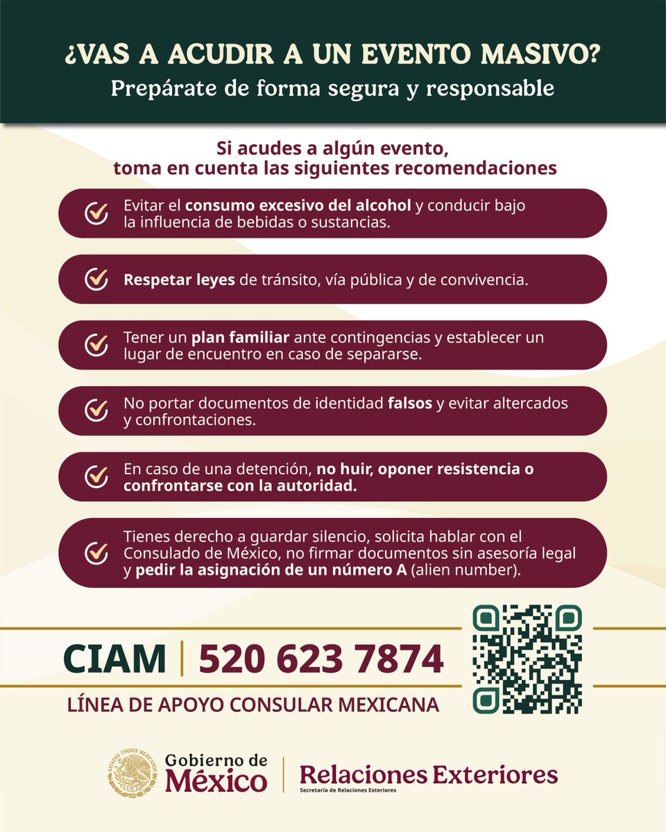 ConsulMexWas's tweet photo. 📅Que las celebraciones no se conviertan en tragos amargos:

-Evita el consumo excesivo de alcohol
-Respeta las leyes de tránsito y reglas locales
-Evita altercados o confrontaciones

No portes documentos de identidad falsos o de terceras personas.
✅ Dudas: #CIAM (520) 623 7874 https://t.co/BWkXd4xGpD