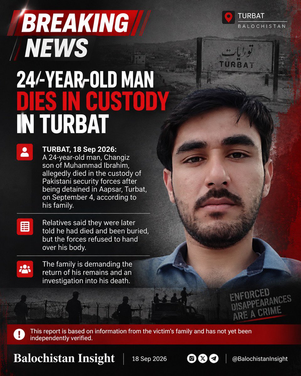 Baloch_Insight's tweet photo. TURBAT, September 18, 2026: A 24-year-old man, Changiz son of Muhammad Ibrahim, allegedly died in the custody of Pakistani security forces after being detained in Aapsar, Turbat, on September 4, according to his family. https://t.co/pqwJvfc6St