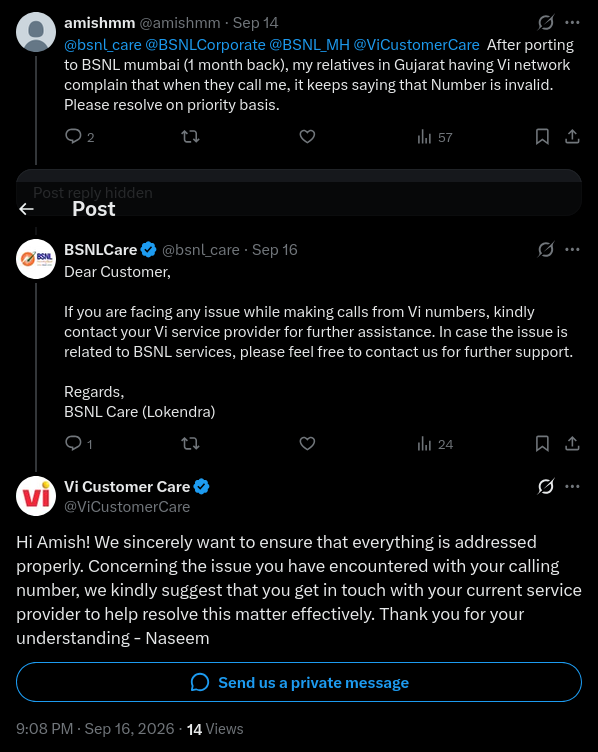 amishmm's tweet photo. @bsnl_care @BSNLCorporate @BSNL_MH @ViCustomerCare @TRAI Vi says not our problem, contact BSNL. BSNL says not our problem contact Vi. https://t.co/xMKRvpNg9q https://t.co/hBRxqPbejY https://t.co/SYgR8r9948