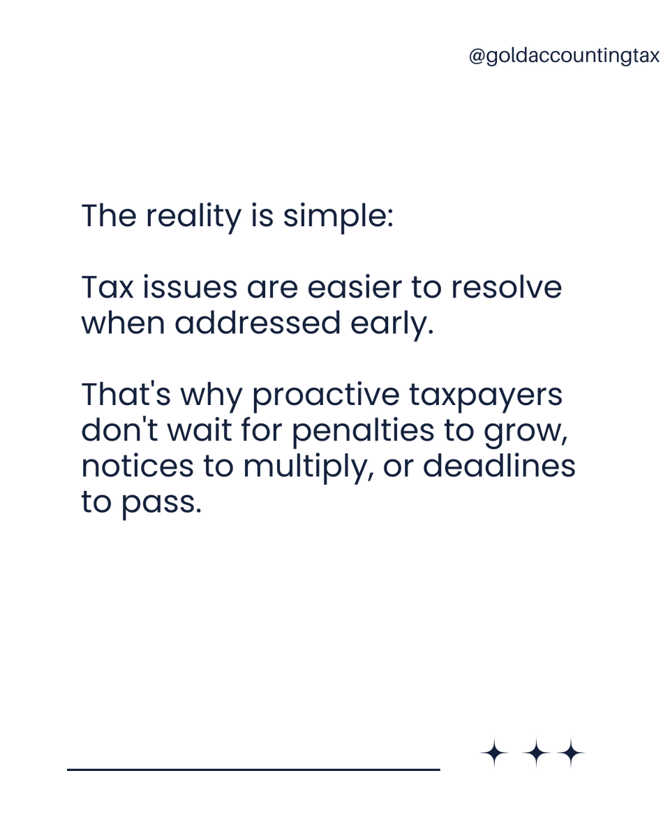 goldacctingtax's tweet photo. When it comes to IRS matters, delay is rarely a strategy.
#taxpayerrights #irshelp #taxconsultation #taxplanning #businessowner #realestateinvestor #taxresolution #cpa #taxstrategy #financialfreedom #wealthprotection #smallbusinesstax #irsaudit #entrepreneurmindset #taxadvisor https://t.co/akaB8XxC6T