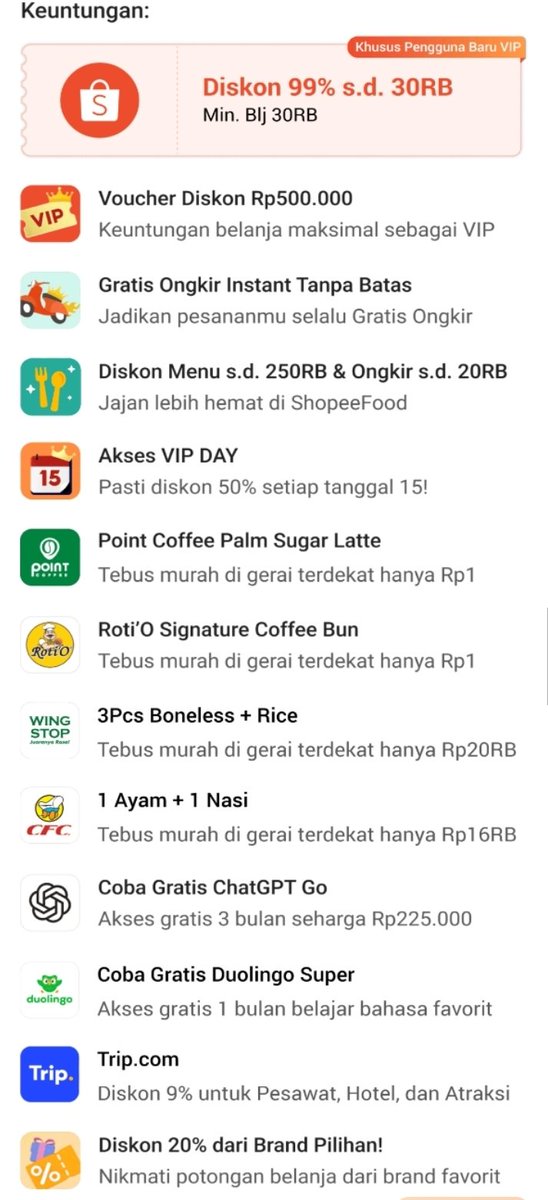 Domensy's tweet photo. Jadi shopee vip dpt apa aja: 
Diskon 99% s/d 30rb (pertama kali sub 6 bln)

Gratis ongkir tiap belanja &amp; diskon 20%

Tiap bln dpt
•Diskon 15rb tiap tgl 15
•Roti o &amp; point coffee rp1 (bisa milih oat latte/palm sugar)

Dan masih banyak benefit lain
https://t.co/fUZqTUyWDS https://t.co/zwsHyzPml3
