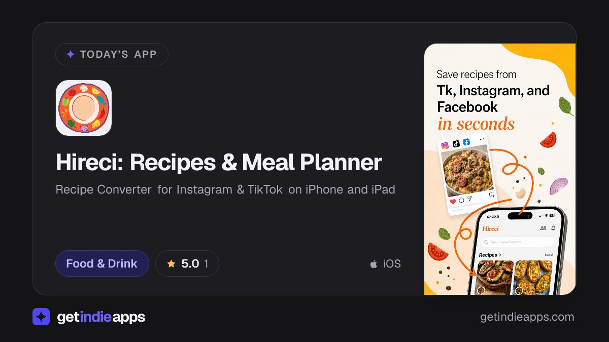 getindieapps's tweet photo. Today's App: Hireci: Recipes &amp; Meal Planner — Recipe Converter for Instagram &amp; TikTok on iPhone and iPad

Food &amp; Drink · iOS

https://t.co/0p41k2EIRt https://t.co/5HXiw5zjPT