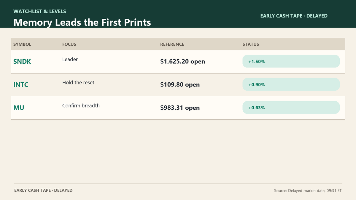 Watchlistlevels's tweet photo. [1/2] Memory is leading the early cash tape: $SNDK +1.50%, $INTC +0.90%, $MU +0.63% in delayed prints around 9:31 ET. The group is green, but the order inside it matters. https://t.co/T6DVjwviXg