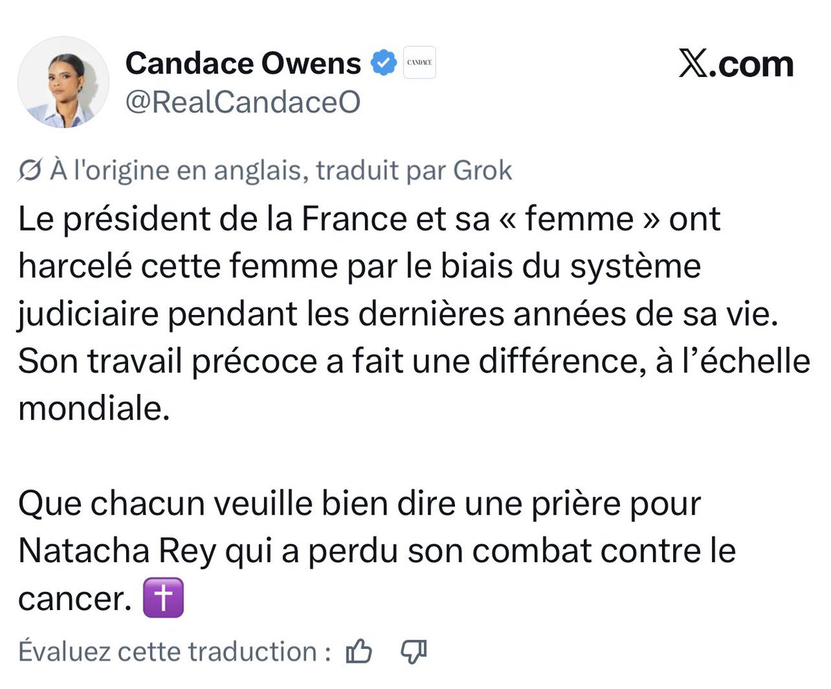 AlertesNewsFR24's tweet photo. ⚫️🕊️ FLASH | Natacha Rey, à l’origine des recherches sur Brigitte Macron devenues virales, est décédée

Elle avait largement contribué à lancer en 2021 la rumeur affirmant que Brigitte Macron serait née homme, une thèse démentie et devenue ensuite une affaire judiciaire et médiatique internationale.

Selon Candace Owens, qui a ensuite repris cette affaire aux États-Unis, Natacha Rey serait décédée d’un cancer.

(Source : @XavierPoussard)