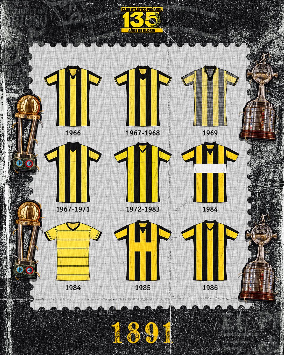 OficialCAP's tweet photo. 📜 Volvimos a 1891 y recorremos 135 años de camisetas que vistieron campeones, cruzaron generaciones y construyeron nuestra identidad. 

De los primeros cuadros a las rayas. De las campeonas de América y del Mundo hasta esas que te acompañan siempre en la tribuna. Distintas épocas. Distintos diseños. Siempre Peñarol.

😮‍💨 Arte cortesía de Matías Mazarino.
