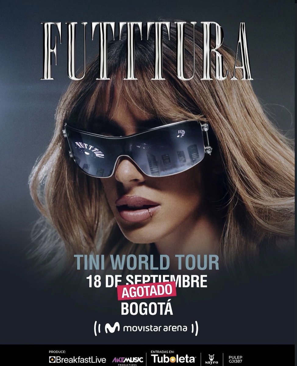 TINIData's tweet photo. Hoy TINI se presenta en Colombia con FUTTTURA WORLD TOUR 🛸🇨🇴

Es la primera artista Argentina en agotar el Movistar Arena de Colombia en su capacidad completa. https://t.co/MXkJn58hJg