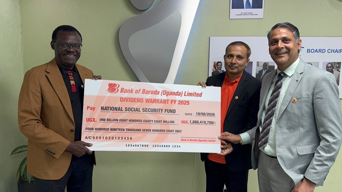 nssfug's tweet photo. Today, Bank of Baroda (Uganda) Managing Director, Mr Chandan Singh, handed over a cheque of UGX 1.88 billion to NSSF Managing Director, Mr Patrick Ayota.

The payment represents NSSF’s dividend from its 2.1% shareholding in Bank of Baroda (Uganda) for the financial year ended 31 December 2025.

The dividend underscores the value of strategic investments in growing and safeguarding members’ savings while contributing to long-term value creation.