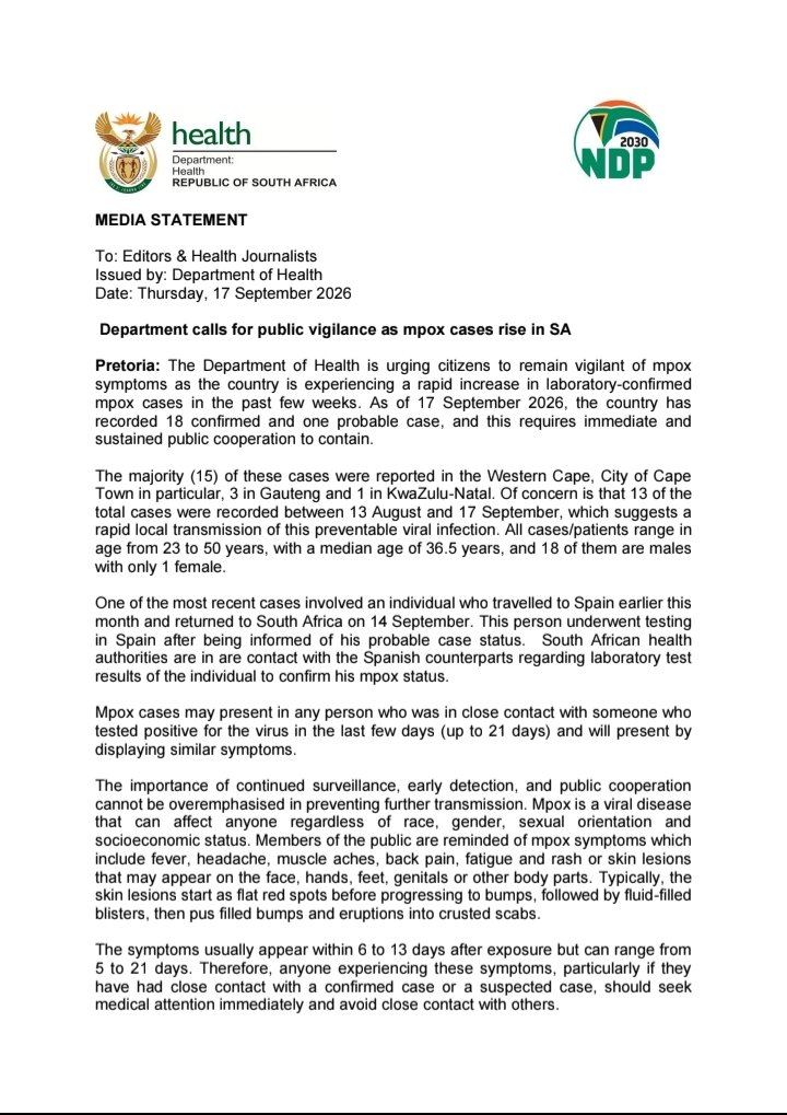 HealthZA's tweet photo. The Department of Health is urging citizens to remain vigilant of mpox symptoms as the country is experiencing a rapid increase in laboratory confirmed mpox cases in the past few weeks. As of 17 September 2026, the country has recorded 18 confirmed and one probable case. https://t.co/Qp3FkwKFHI