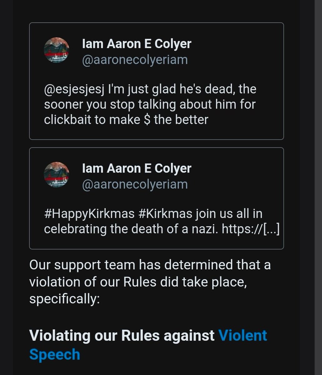 RevAaronEColyer's tweet photo. Apparently this is violent speech, about a dead nazi. Twitter suspended my friends account for 12hrs over these tweets about #Kirkmas and charlie kirk. Free speech my ass. People cheer the death of Khomeini every day, they don't get suspended. https://t.co/xKsITY307n