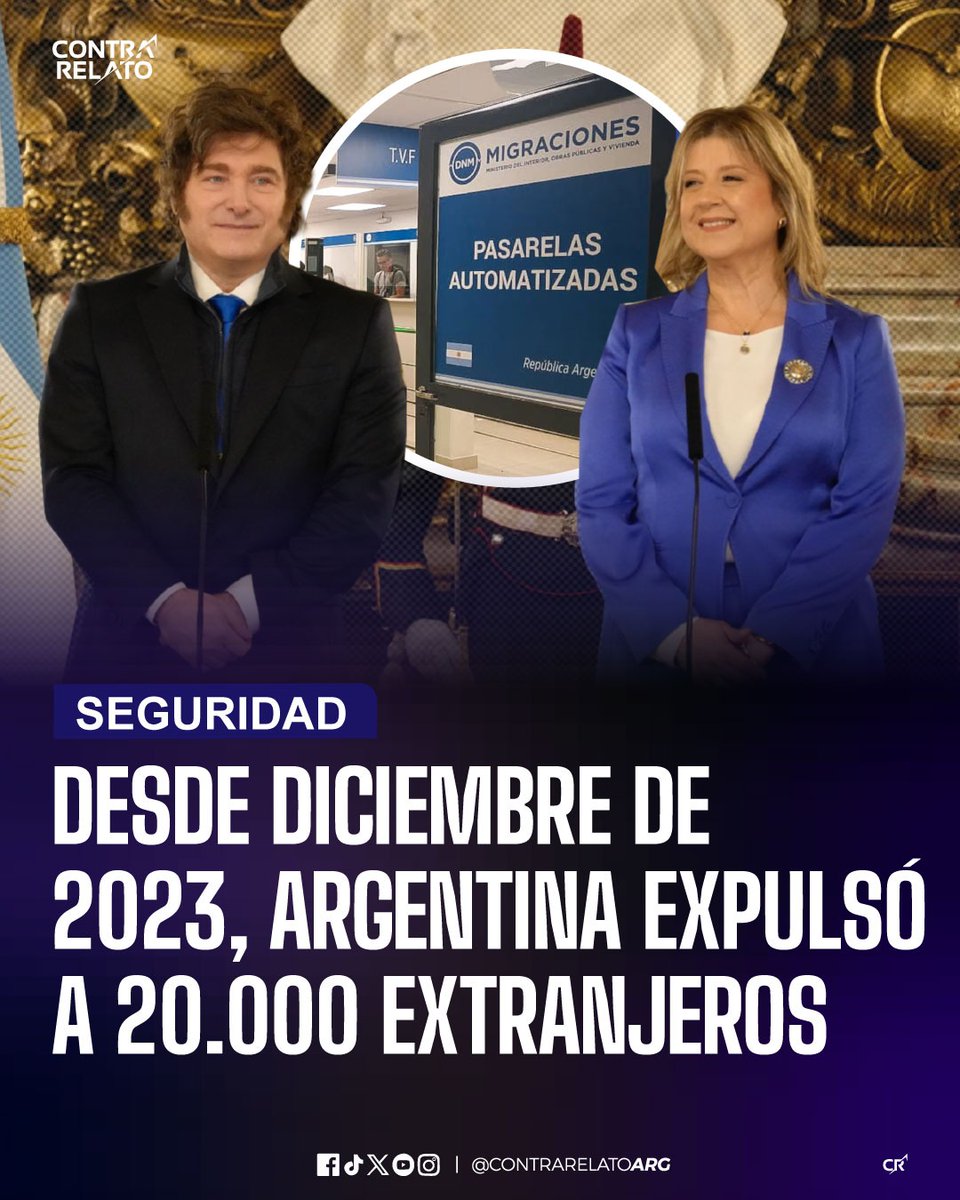 contrarelatoarg's tweet photo. La ministra de Seguridad, Alejandra Monteoliva, anunció que las fuerzas de seguridad deportaron a más de 20.000 personas que fueron expulsadas, rechazadas o inadmitidas al intentar ingresar a la República Argentina.

“El que tiene antecedentes, documentación irregular, o no cumple con los requisitos para entrar, no entra. El extranjero que delinque, y tiene una orden de expulsión, se va”, afirmó la ministra, resaltando la postura inflexible que adoptó el Gobierno Nacional en materia de seguridad.