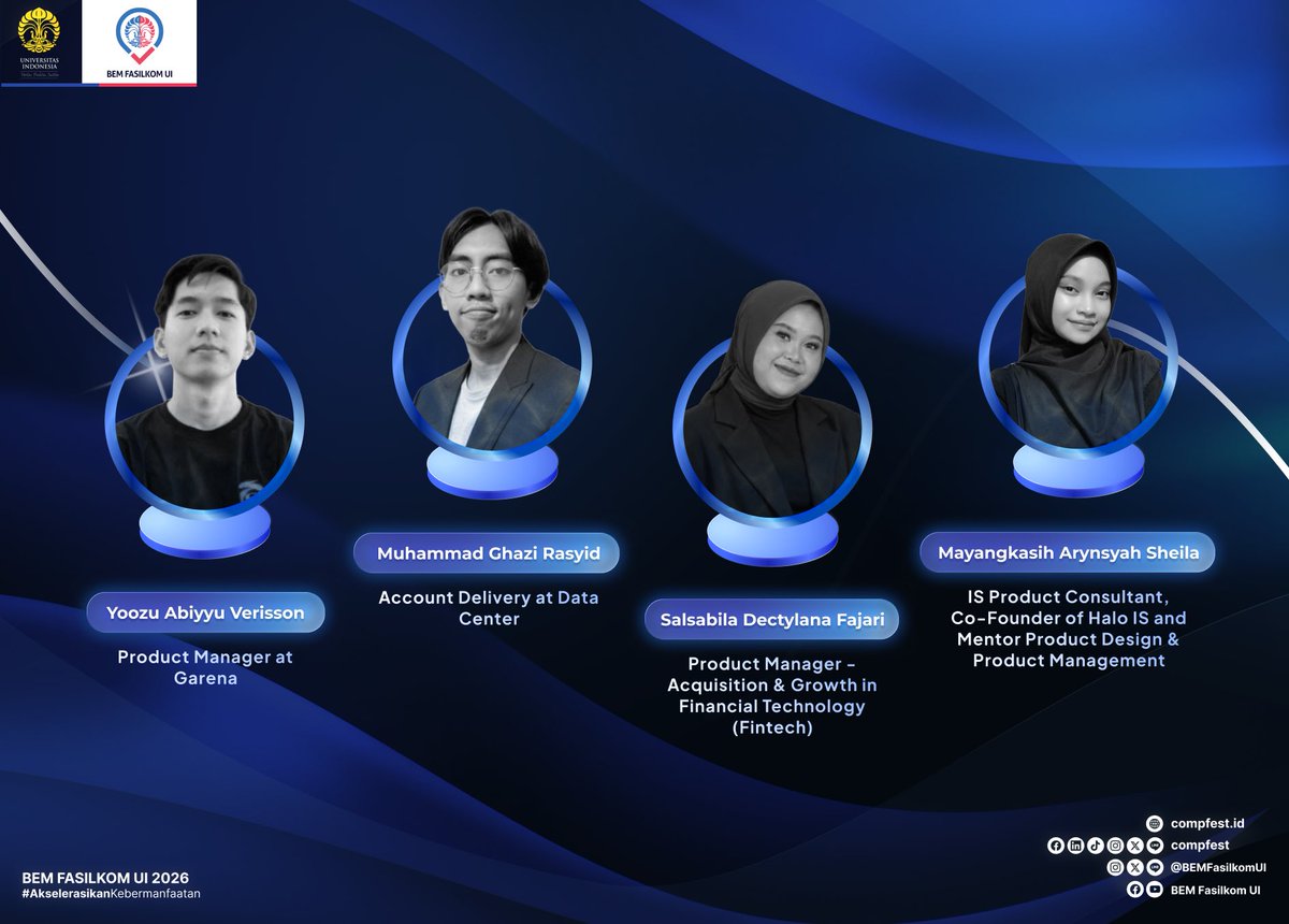 COMPFEST's tweet photo. Yuk, kenalan dengan para mentors yang akan hadir di Graduation Night! ✨

Dengan pengalaman dan keahlian di bidangnya masing-masing, mereka telah menjadi bagian penting dalam perjalanan para mentee melalui berbagai insight, arahan, dan dukungan.

Now, let’s celebrate the final chapter of this unforgettable journey!

@COMPFEST
https://t.co/KP6KwxGKnc
#EncloseTheGap
#COMPFEST18
#Academy