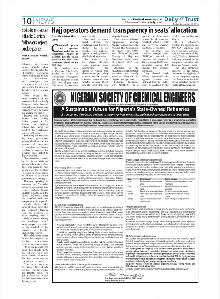 NSChE_HQ's tweet photo. 🚨 BREAKING NEWS 🗞️
NSChE is making headlines across @guardian , @MobilePunch & @daily_trust!
Our Society’s Position Paper on the Sustainable Future for Nigeria’s State-Owned Refineries is featured in today’s newspapers.
Swipe through to read. 👇🏽
#NSChE #ChemicalEngineering https://t.co/5fadqpvy9S