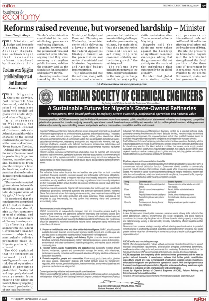NSChE_HQ's tweet photo. 🚨 BREAKING NEWS 🗞️
NSChE is making headlines across @guardian , @MobilePunch & @daily_trust!
Our Society’s Position Paper on the Sustainable Future for Nigeria’s State-Owned Refineries is featured in today’s newspapers.
Swipe through to read. 👇🏽
#NSChE #ChemicalEngineering https://t.co/5fadqpvy9S