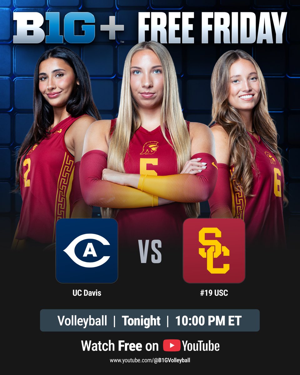 B1GVolleyball's tweet photo. B1G+ Free Friday: Tonight the No. 19 Trojans will face off against UC Davis for an unforgettable night of Women's Volleyball!🏐

Tune in at 10PM ET/7PM PT on B1G+ or watch for FREE on YouTube 📺 https://t.co/HyqwdirZmo