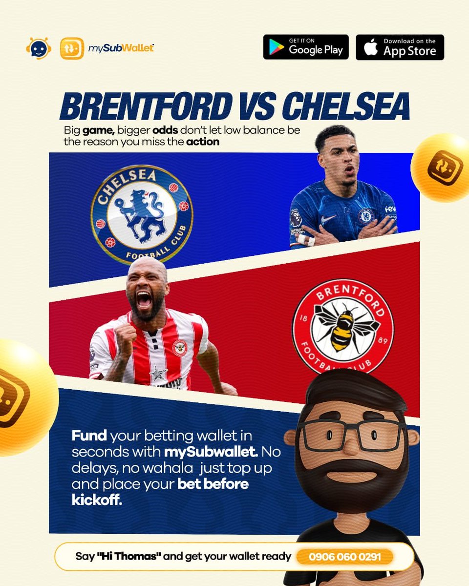 MySubwallet_ng's tweet photo. Big game loading!
Don’t let a low balance keep you out of the action. Fund your betting wallet in seconds with mySubwallet and get ready for kickoff.
Say “Hi Thomas” and top up without the hassle.
#mySubwallet #BettingWallet #Football #BrentfordVsChelsea #PremierLeague #ThomasAI