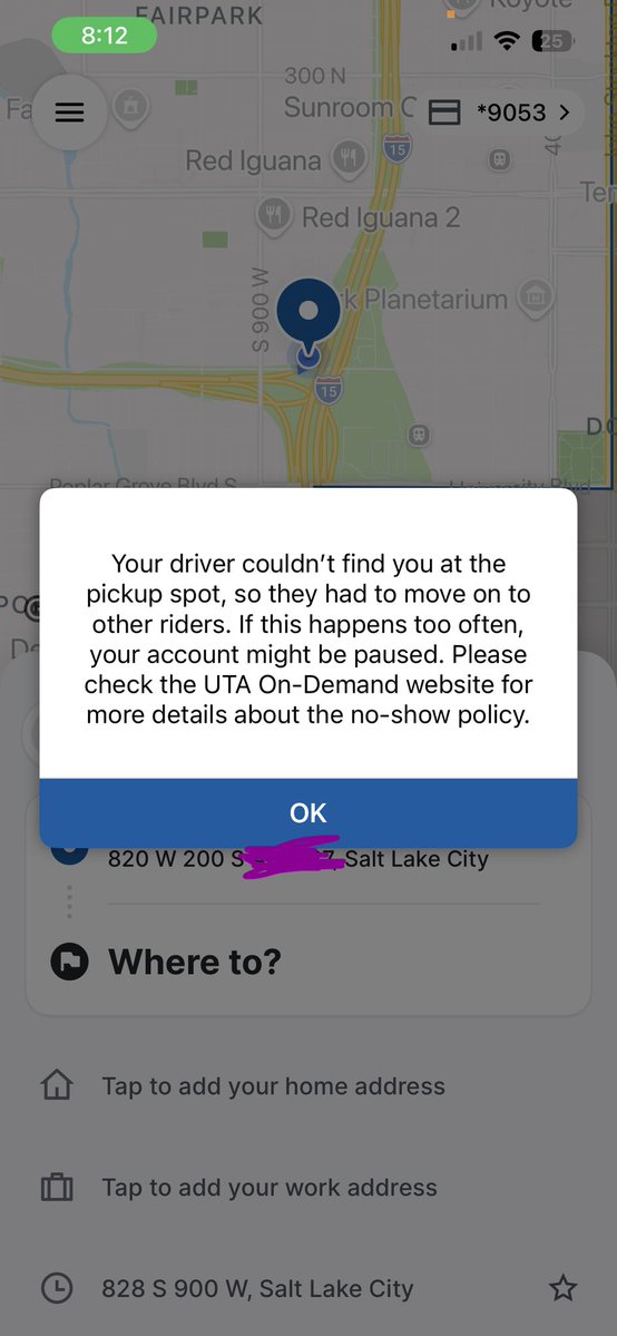 whatdobeesmean's tweet photo. @RideUTA i waited over an hour watching this stupid guy drive around and sit in various places, then my ride is canceled for not being on the other side of the zone where he decided my pick up was. THEN after i wait for like 15 minutes on the phone im hung up on without speaking https://t.co/z4Raz56vun