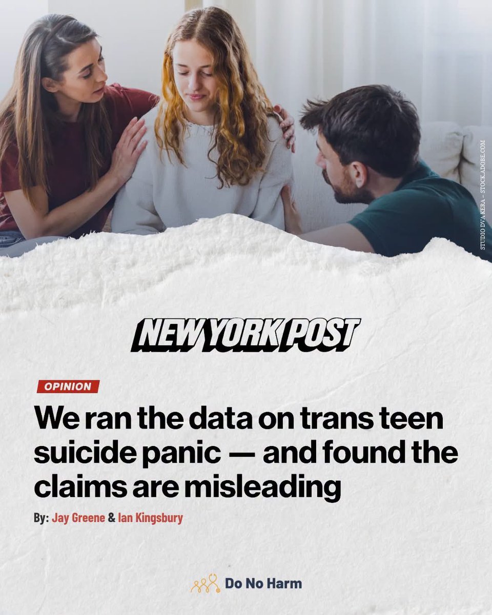 Erin4Parents's tweet photo. I call it the “suicide myth”: TRANSITION OR DIE.

So many parents have been frightened, gaslit and bullied into believing that transitioning our child—including medically—is the only way to prevent suicide. 

I was bullied with this lie. I resisted. But I understand why terrified, loving parents give in.

Now @donoharm has analyzed teen suicide data following state restrictions on wrong-sex medical interventions — and found NO evidence across three statistical models that these laws increased teen suicide rates.

We should be examining the many factors that can contribute to suicidality: existing comorbidities, social isolation, adults introducing suicidal ideation — the impossible pursuit of becoming the opposite sex and telling children something is fundamentally wrong with their bodies.

The suicide myth has been the most powerful weapon used to pressure parents, medical orgs and society into medically transitioning children. And the evidence does not support it.

There is NO reason to tell a child they’ve been born in the wrong body, chemically castrate them, or cut off healthy body parts. NONE.