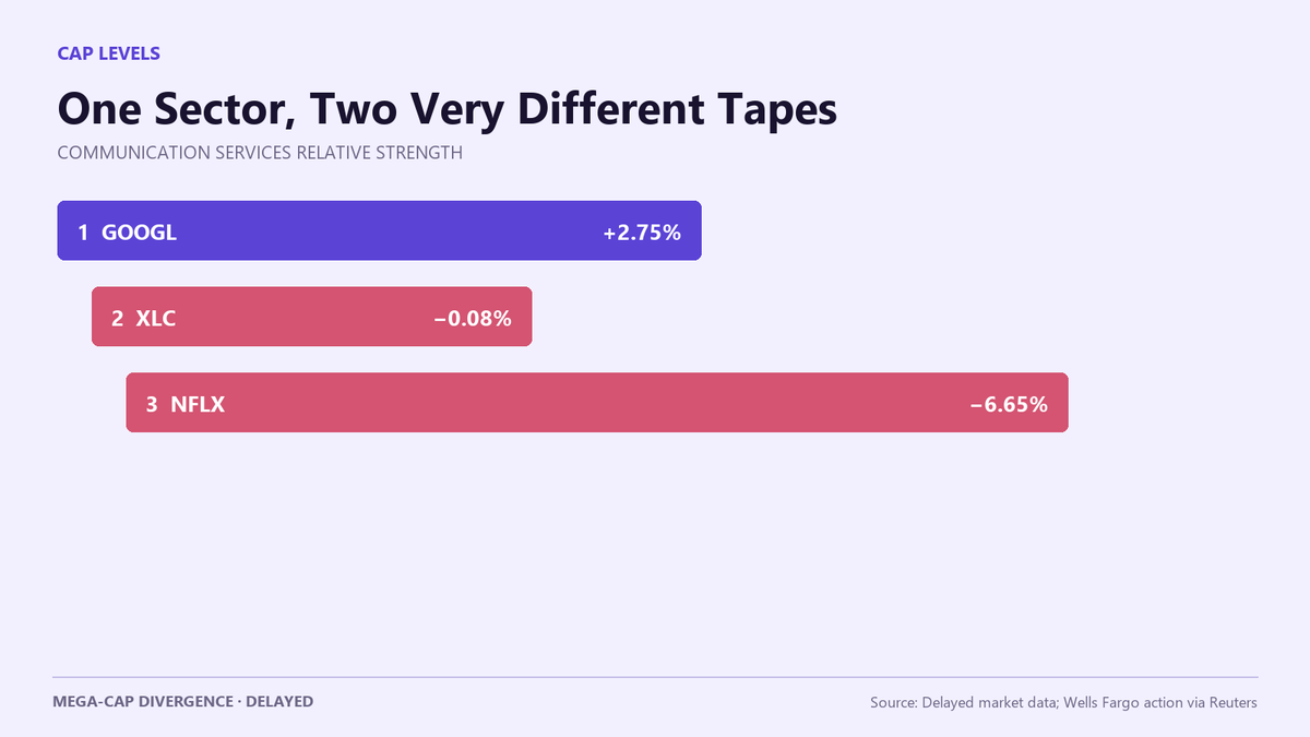 JonathanReed56's tweet photo. [1/2] Same sector, opposite tape: $GOOGL +2.75%, $XLC -0.08%, $NFLX -6.65% in delayed early trading. https://t.co/CEOkvs7jmZ