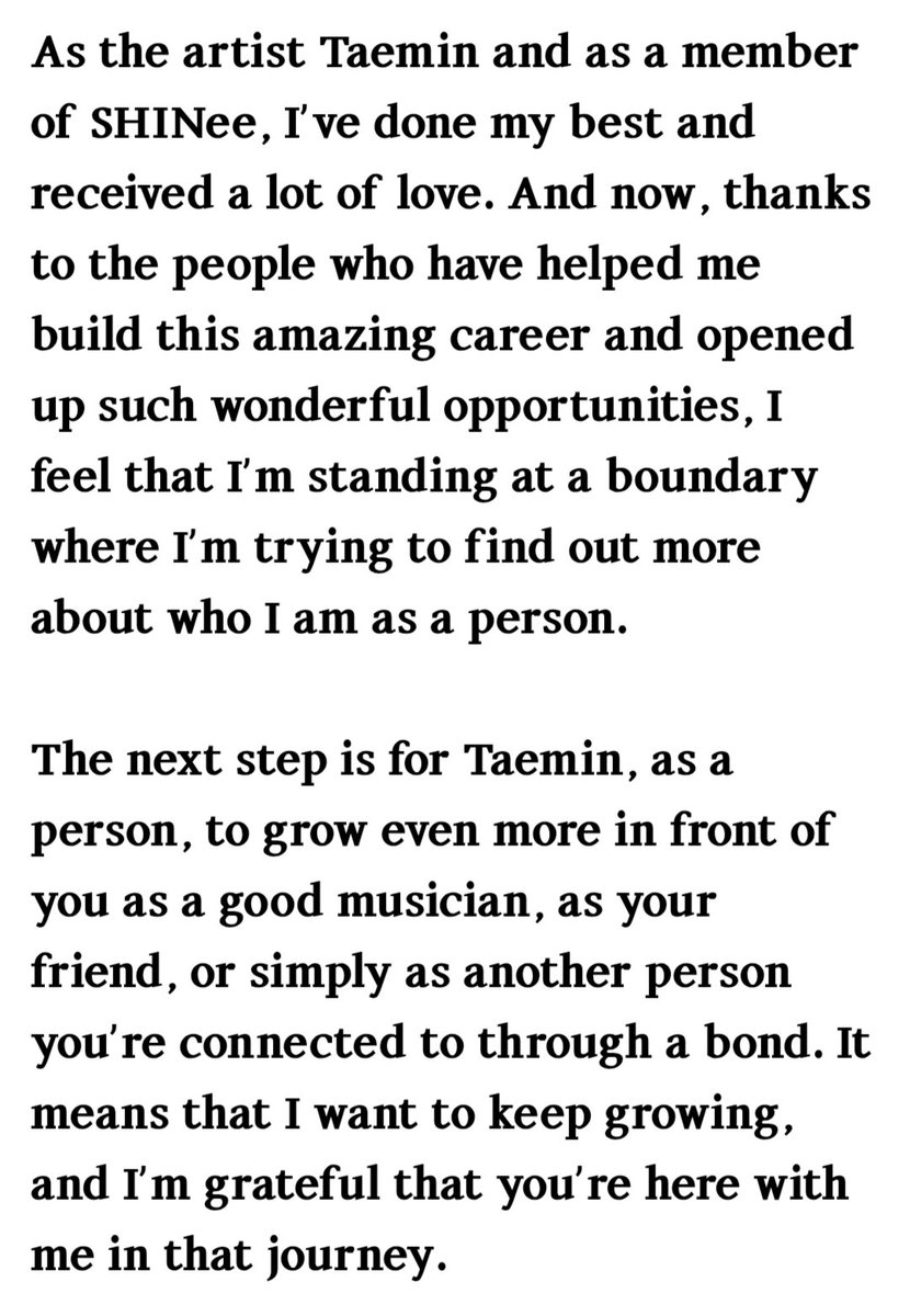 5HINeeRise's tweet photo. 🐥As the artist Taemin and as a member of SHINee, I’ve done my best and received a lot of love.  I’m standing at a boundary where I’m trying to find out more about who I am as a person.
The next step is for Taemin, as a person, to grow even more in front of you as a good musician https://t.co/vnh5LRNVs3