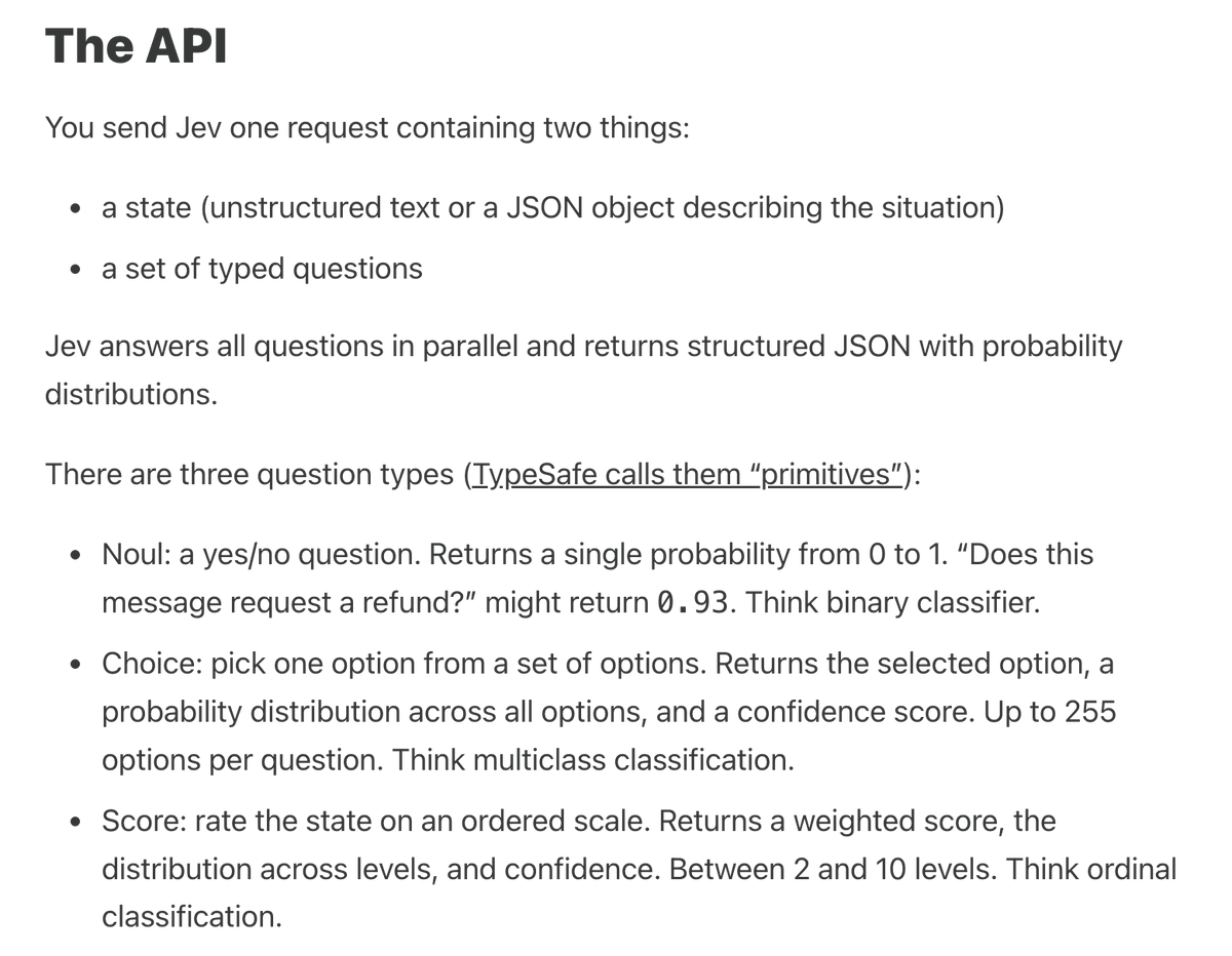 Text outlines an API for a model named Jev, detailing inputs, question types, and outputs involving structured JSON and probability distributions.