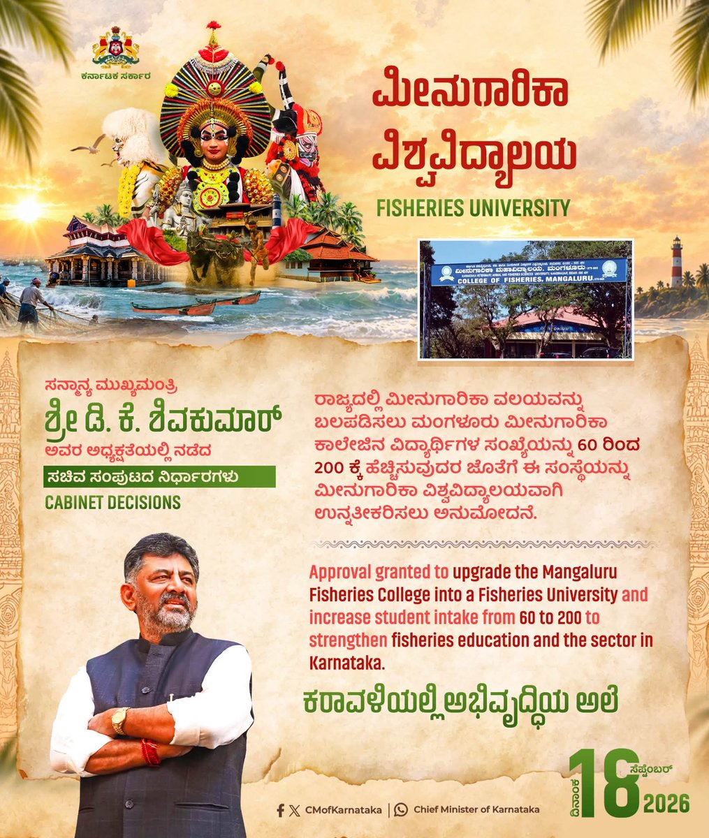 KSBasavanthappa's tweet photo. ಮಂಗಳೂರಿನ ಪ್ರಜಾಸೌಧದಲ್ಲಿ ಸನ್ಮಾನ್ಯ ಮುಖ್ಯಮಂತ್ರಿ ಶ್ರೀ @DKShivakumar  ಅವರ ಅಧ್ಯಕ್ಷತೆಯಲ್ಲಿ ನಡೆದ ಸಚಿವ ಸಂಪುಟ ಸಭೆಯಲ್ಲಿ ಕರಾವಳಿ ಭಾಗದ ಪ್ರವಾಸೋದ್ಯಮ, ಬಂಡವಾಳ ಹೂಡಿಕೆ, ಆರೋಗ್ಯ, ಭಾಷೆ ಸೇರಿದಂತೆ ಸರ್ವತೋಮುಖ ಅಭಿವೃದ್ಧಿಗಾಗಿ ತೆಗೆದುಕೊಂಡಿರುವ ಪ್ರಮುಖ ತೀರ್ಮಾನಗಳು ಮತ್ತು ಅನುಮೋದನೆಗೊಂಡ ಯೋಜನೆಗಳ ವಿವರ
#CabinetInMangaluru https://t.co/zSITOx1vCt