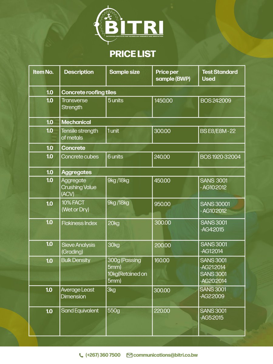 BITRI1640's tweet photo. BITRI BUILDING MATERIALS SCIENCE TESTING SERVICES PRICE LIST
BITRI’s Building Materials Science testing services, including cement and concrete paving block tests.

For enquiries or quotations: communications@bitri.co.bw. https://t.co/y8V5LexFlE