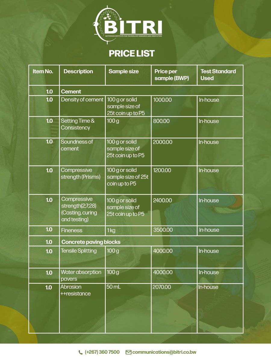 BITRI1640's tweet photo. BITRI BUILDING MATERIALS SCIENCE TESTING SERVICES PRICE LIST
BITRI’s Building Materials Science testing services, including cement and concrete paving block tests.

For enquiries or quotations: communications@bitri.co.bw. https://t.co/y8V5LexFlE