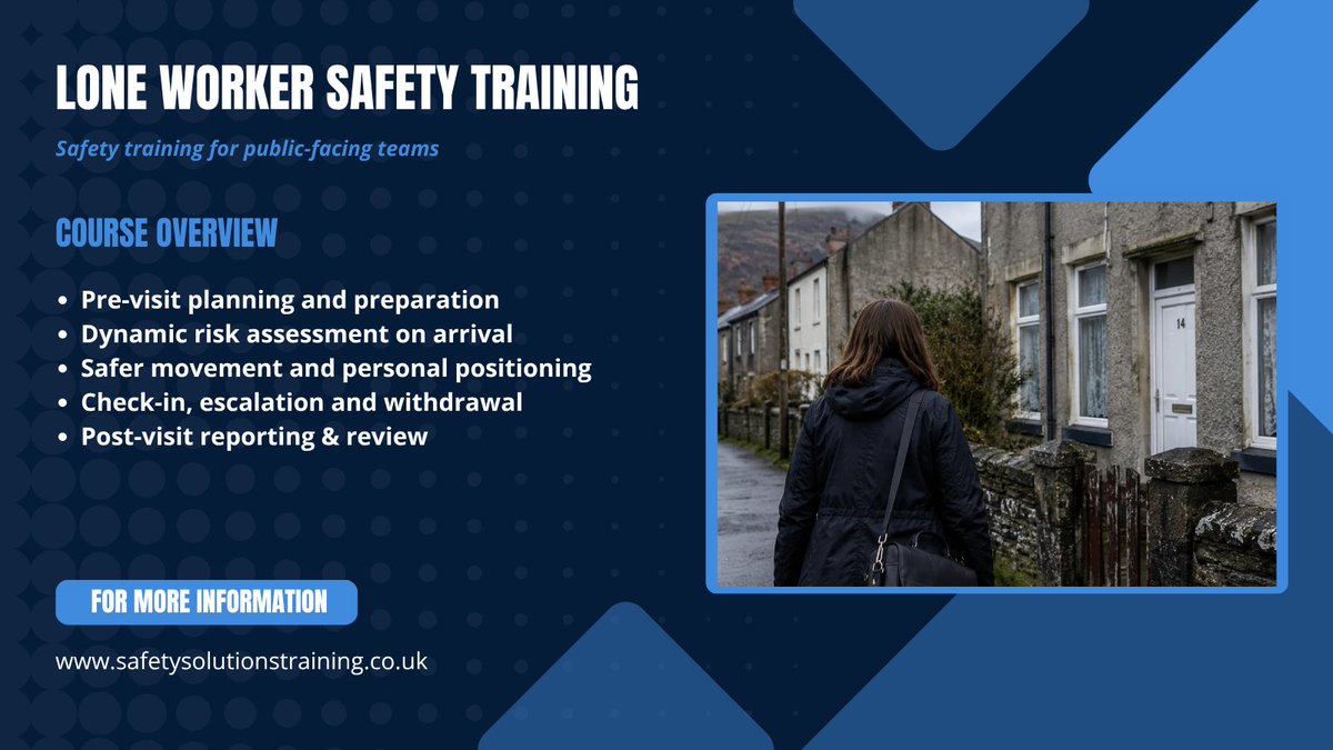 Safety_Sol_'s tweet photo. Working alone does not mean working without a plan. Lone worker safety covers visit planning, communication and withdrawing when the risk is no longer acceptable.

Discuss training for your team:

https://t.co/AFQ9XkYT3U https://t.co/NIbSP2RXPo