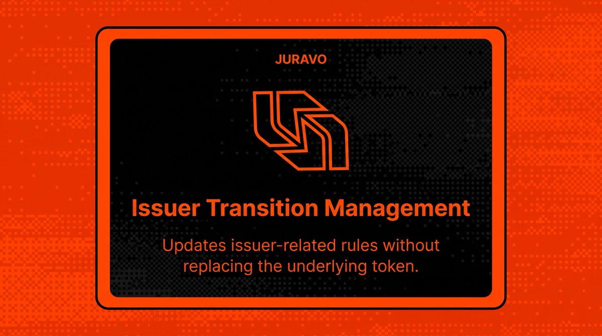 JuravoMove's tweet photo. Issuer changes should not require replacing the underlying asset.

Juravo manages issuer-related rule transitions while keeping the existing token in place, creating a more coordinated path for jurisdiction migration. https://t.co/4zEjUbTp7c