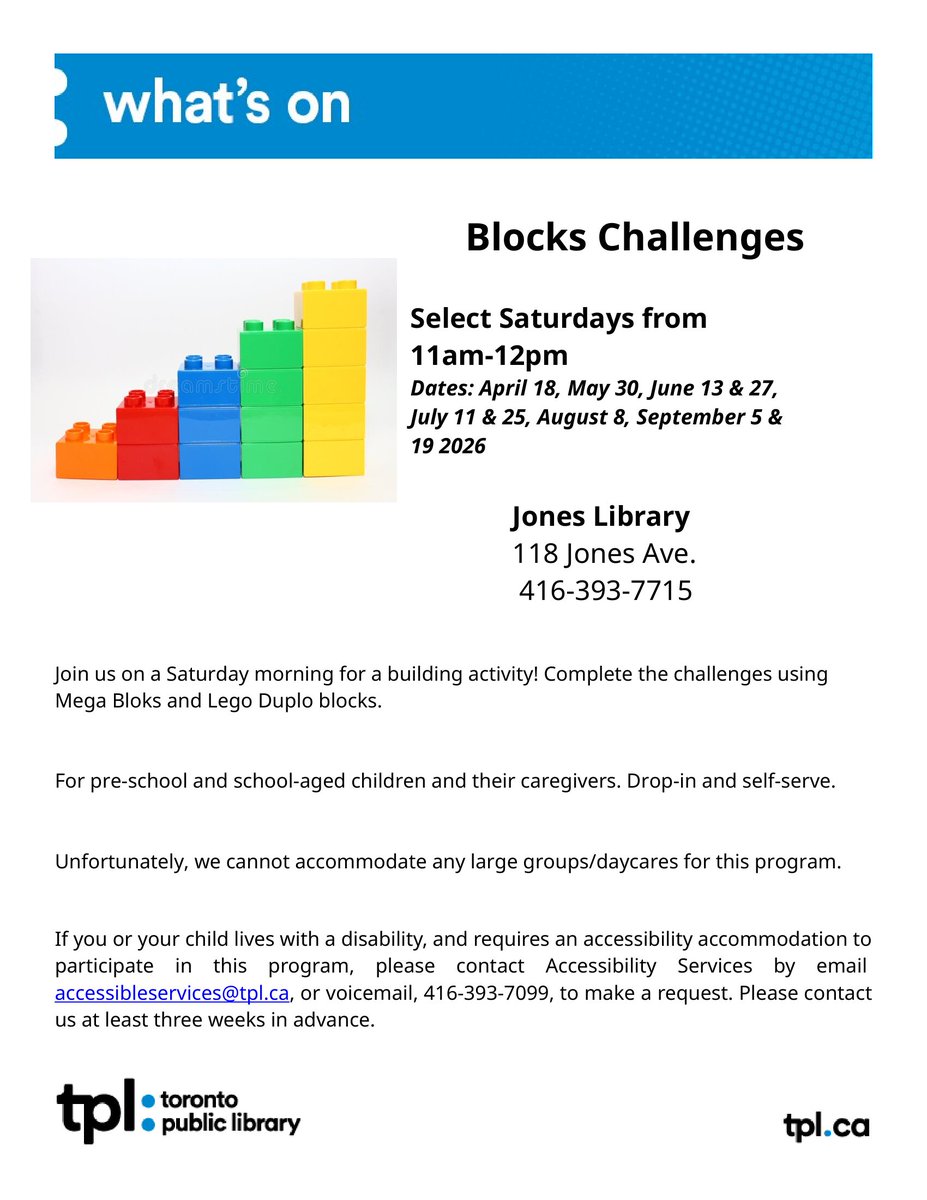 TPLJonesLibrary's tweet photo. Tomorrow will be the last session of blocks challenges! From October to March, we will have family storytimes again.

11am-12pm
Drop-in https://t.co/qObaQHpUEt